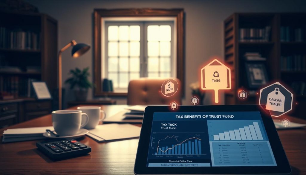 A serene, soft-lit office interior with a wooden desk, a brass-framed window, and shelves of books in the background. On the desk, a stack of financial documents, a calculator, and a mug of steaming coffee. The foreground features a tablet displaying tax forms and graphs, with glowing icons and figures illustrating the tax benefits of a trust fund. The overall mood is one of professional, yet calming, financial security.