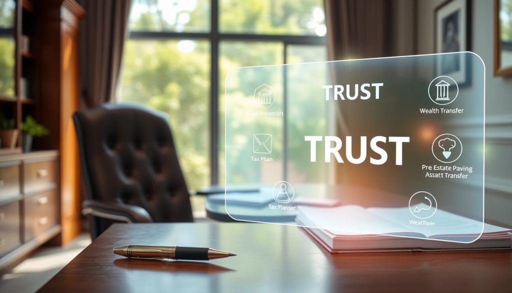 A serene, softly lit office interior with a wooden desk, leather chair, and a large window overlooking a lush garden. On the desk, a pen rests next to a stack of legal documents, suggesting the administrative aspects of establishing a trust. In the foreground, a glowing holographic display showcases a visual representation of the key benefits of a trust, such as asset protection, tax planning, and wealth transfer. The overall atmosphere conveys a sense of professionalism, security, and the thoughtful consideration that goes into creating a comprehensive estate plan. A serene, softly lit office interior with a wooden desk, leather chair, and a large window overlooking a lush garden. On the desk, a pen rests next to a stack of legal documents, suggesting the administrative aspects of establishing a trust. In the foreground, a glowing holographic display showcases a visual representation of the key benefits of a trust, such as asset protection, tax planning, and wealth transfer. The overall atmosphere conveys a sense of professionalism, security, and the thoughtful consideration that goes into creating a comprehensive estate plan.