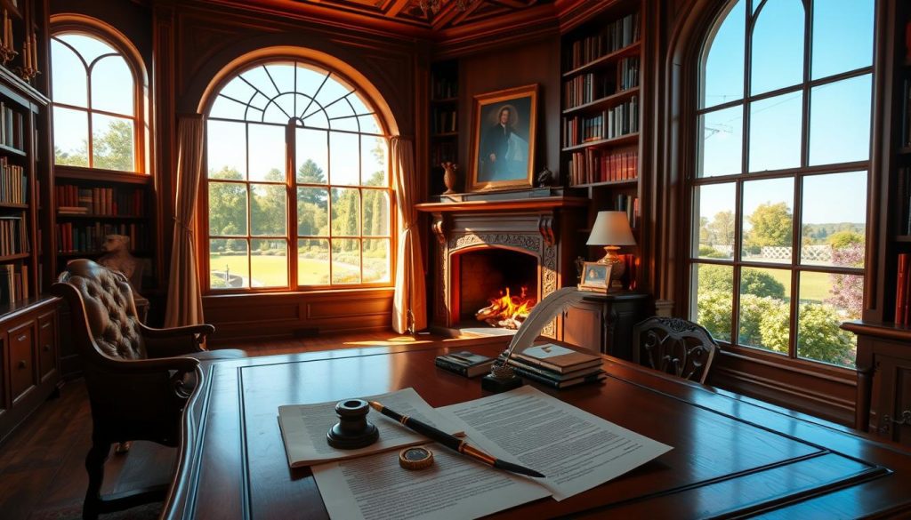 A serene study with a large ornate oak desk, a flickering fireplace, and bookshelves lining the walls. Soft, warm lighting casts a cozy glow over the scene. On the desk, a quill pen, an inkwell, and carefully organized legal documents speak to the importance of estate planning. Through the window, a lush garden and a clear blue sky evoke a sense of tranquility and security. This image conveys the comfort and care that go into safeguarding one's family's future through thoughtful estate planning.