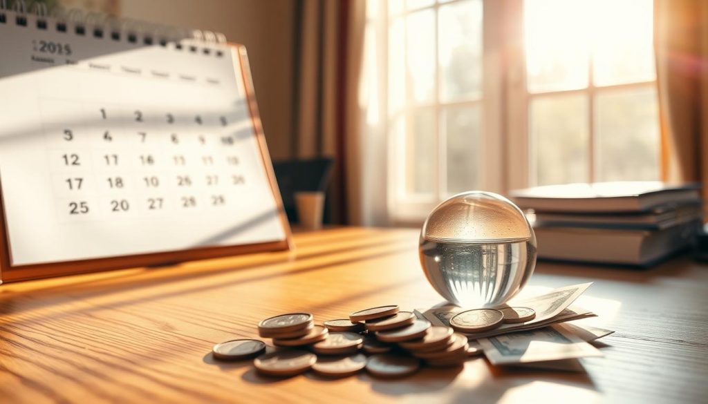 A serene, sun-dappled desk scene, with a large calendar prominently displayed, its pages turning to reveal the current year. Atop the desk, a delicate glass paperweight casts a soft, refracting glow, accentuating the crisp, clean lines of the wooden surface. In the foreground, a tasteful assortment of coins and bills, representing the annual gift exemption, are meticulously arranged, casting subtle shadows. The background features a warm, inviting window, allowing natural light to bathe the scene in a gentle, radiant ambiance, conveying a sense of tranquility and financial planning.