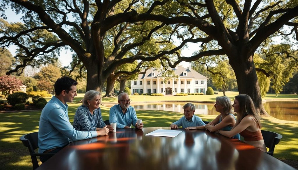 A serene, sun-dappled estate with a sprawling manor house, surrounded by lush gardens and a tranquil pond. In the foreground, a family gathers around a polished wooden table, discussing the details of a trust agreement, their expressions conveying a sense of security and confidence in their financial future. Towering oak trees frame the scene, casting gentle shadows that add depth and warmth to the composition. The lighting is soft and natural, creating a sense of calm and reassurance, reflecting the importance of trusts in safeguarding one's legacy.