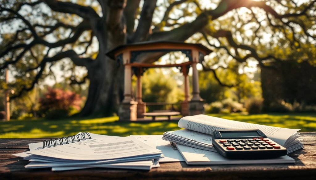 A serene, sun-dappled garden setting with a weathered stone gazebo in the middle ground. In the foreground, a neatly arranged array of financial documents, ledgers, and a calculator, suggesting careful tax planning. The background features a towering oak tree, its branches casting gentle shadows over the scene, symbolizing the lasting, steady nature of a trust-based tax mitigation strategy. The lighting is soft and warm, creating an atmosphere of thoughtful contemplation. The overall composition conveys a sense of tranquility, order, and prudent financial management. A serene, sun-dappled garden setting with a weathered stone gazebo in the middle ground. In the foreground, a neatly arranged array of financial documents, ledgers, and a calculator, suggesting careful tax planning. The background features a towering oak tree, its branches casting gentle shadows over the scene, symbolizing the lasting, steady nature of a trust-based tax mitigation strategy. The lighting is soft and warm, creating an atmosphere of thoughtful contemplation. The overall composition conveys a sense of tranquility, order, and prudent financial management.