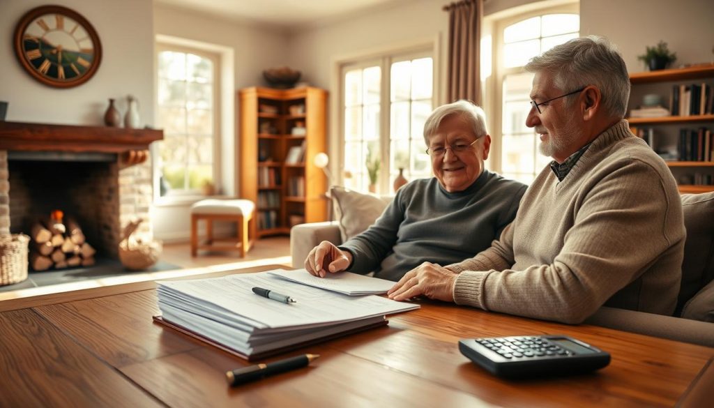 A serene, sun-dappled living room, where a middle-aged couple sits by a fireplace, carefully discussing financial documents. The foreground features a wooden table with a stack of papers, a pen, and a calculator, conveying the thoughtful transfer of assets. The couple, dressed in warm, muted tones, exude a sense of calm and trust as they navigate the intricacies of inheritance tax exemptions. The middle ground showcases a cozy, well-appointed space with bookshelves and a plush sofa, hinting at the comfortable, familial atmosphere. The background features a large window, allowing natural light to fill the room and create a soft, inviting glow, emphasizing the intimate, private nature of this financial conversation. A serene, sun-dappled living room, where a middle-aged couple sits by a fireplace, carefully discussing financial documents. The foreground features a wooden table with a stack of papers, a pen, and a calculator, conveying the thoughtful transfer of assets. The couple, dressed in warm, muted tones, exude a sense of calm and trust as they navigate the intricacies of inheritance tax exemptions. The middle ground showcases a cozy, well-appointed space with bookshelves and a plush sofa, hinting at the comfortable, familial atmosphere. The background features a large window, allowing natural light to fill the room and create a soft, inviting glow, emphasizing the intimate, private nature of this financial conversation.