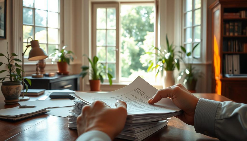 A serene, sun-dappled office scene, with a wooden desk adorned with a potted plant, a vintage-style desk lamp, and a scattered pile of financial documents. In the foreground, a well-manicured hand carefully reviews a stack of papers, brow furrowed in contemplation. The mid-ground features a window overlooking a lush, verdant garden, casting a warm, natural light throughout the space. The background is tastefully minimalist, allowing the focal point of inheritance tax planning to take center stage. The overall atmosphere conveys a sense of thoughtful precision and quiet diligence.