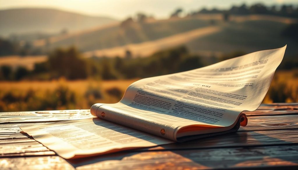 A serene, sun-dappled scene depicting the contrast between a simple, elegant will and the intricacies of a trust. In the foreground, a weathered leather-bound will rests atop a wooden table, its pages gently unfurled. Stretching behind it, a ghostly, translucent trust document undulates, its intricate designs and legalese hinting at the complexities of estate planning. The background is a soft, blurred landscape of rolling hills and distant trees, conveying a sense of tranquility and contemplation. Warm, natural lighting casts a subtle glow, emphasizing the juxtaposition between the straightforward will and the more elaborate trust. The overall atmosphere is one of thoughtfulness and the weighty decisions that come with securing one's legacy. A serene, sun-dappled scene depicting the contrast between a simple, elegant will and the intricacies of a trust. In the foreground, a weathered leather-bound will rests atop a wooden table, its pages gently unfurled. Stretching behind it, a ghostly, translucent trust document undulates, its intricate designs and legalese hinting at the complexities of estate planning. The background is a soft, blurred landscape of rolling hills and distant trees, conveying a sense of tranquility and contemplation. Warm, natural lighting casts a subtle glow, emphasizing the juxtaposition between the straightforward will and the more elaborate trust. The overall atmosphere is one of thoughtfulness and the weighty decisions that come with securing one's legacy.