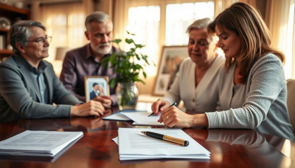 A serene, sun-dappled scene of a family gathered around a polished mahogany table, carefully reviewing inheritance documents. The foreground features a stack of papers, a fountain pen, and a solemnly contemplative expression on the faces of the civil partners. In the middle ground, a lush potted plant and a framed photograph of the couple hint at the personal nature of the occasion. The background is softly blurred, with a cozy living room setting bathed in warm, golden light filtering through sheer curtains. The overall mood is one of thoughtful consideration and quiet celebration of the legal and financial protections afforded to civil partnerships. A serene, sun-dappled scene of a family gathered around a polished mahogany table, carefully reviewing inheritance documents. The foreground features a stack of papers, a fountain pen, and a solemnly contemplative expression on the faces of the civil partners. In the middle ground, a lush potted plant and a framed photograph of the couple hint at the personal nature of the occasion. The background is softly blurred, with a cozy living room setting bathed in warm, golden light filtering through sheer curtains. The overall mood is one of thoughtful consideration and quiet celebration of the legal and financial protections afforded to civil partnerships.