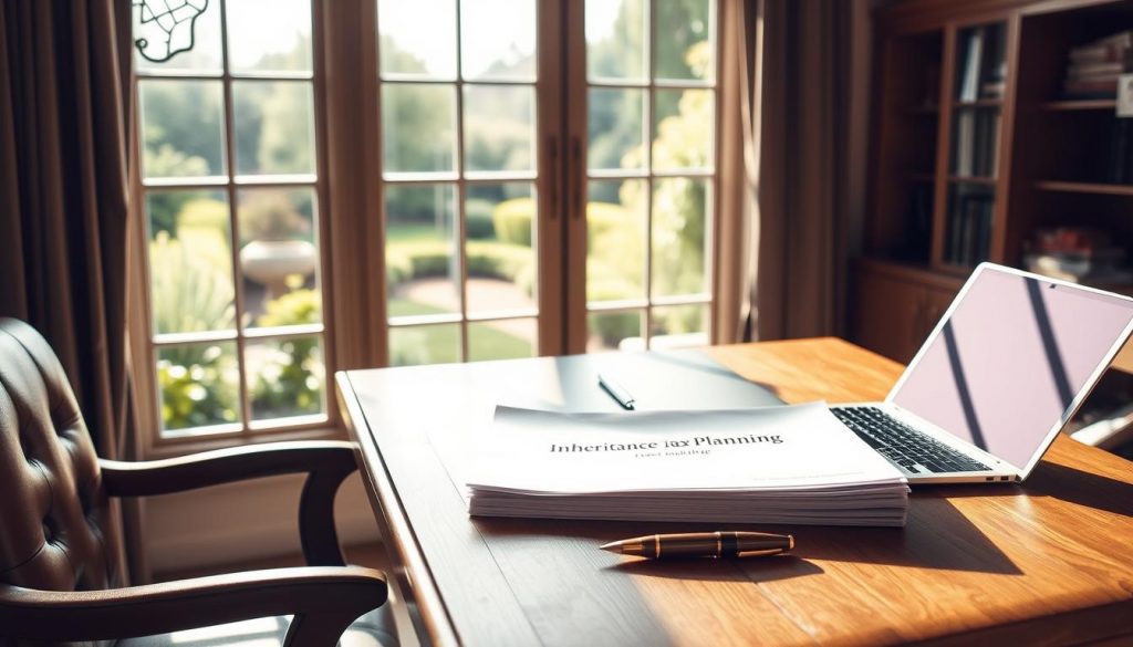 A serene, sun-dappled study with a stylish oak desk and leather armchair. On the desk, a stack of documents labeled "Inheritance Tax Planning" alongside a sleek laptop and a fountain pen. Through the large windows, a verdant garden landscape unfolds, hinting at the generational wealth to be preserved. The lighting is soft and warm, creating a sense of quiet contemplation. The composition is balanced, with the desk and its contents taking center stage, framed by the expansive window view. This image evokes an atmosphere of thoughtful financial stewardship, preparing for the future with care and intention. A serene, sun-dappled study with a stylish oak desk and leather armchair. On the desk, a stack of documents labeled "Inheritance Tax Planning" alongside a sleek laptop and a fountain pen. Through the large windows, a verdant garden landscape unfolds, hinting at the generational wealth to be preserved. The lighting is soft and warm, creating a sense of quiet contemplation. The composition is balanced, with the desk and its contents taking center stage, framed by the expansive window view. This image evokes an atmosphere of thoughtful financial stewardship, preparing for the future with care and intention.