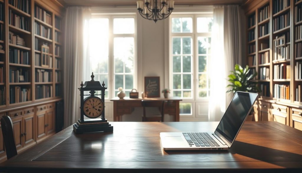 A serene, sun-dappled study with bookshelves lining the walls, a large wooden desk in the foreground, and an open laptop displaying financial documents. A family heirloom, perhaps an ornate clock or vase, sits prominently on the desk, symbolizing the intergenerational transfer of wealth. The room's warm lighting and muted color palette evoke a sense of security and trust. In the background, a window overlooks a tranquil garden, hinting at the long-term protection and preservation of the family's legacy. A serene, sun-dappled study with bookshelves lining the walls, a large wooden desk in the foreground, and an open laptop displaying financial documents. A family heirloom, perhaps an ornate clock or vase, sits prominently on the desk, symbolizing the intergenerational transfer of wealth. The room's warm lighting and muted color palette evoke a sense of security and trust. In the background, a window overlooks a tranquil garden, hinting at the long-term protection and preservation of the family's legacy.