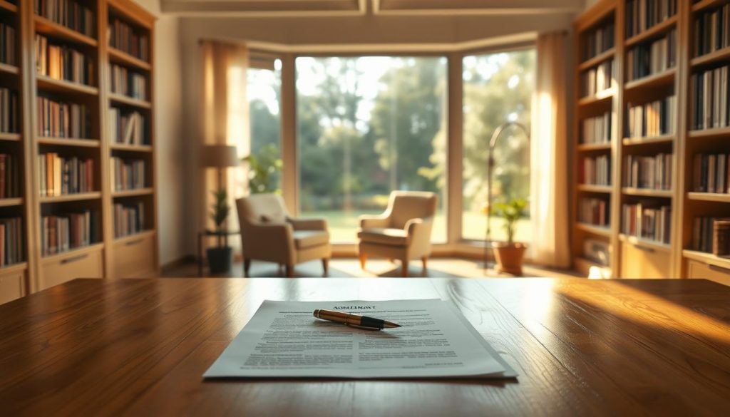 A serene, sunlit office interior, with a large wooden desk in the foreground. On the desk, a stack of legal documents and a pen resting on a trust administration agreement. The walls are adorned with shelves filled with books, casting warm, diffused light throughout the space. In the middle ground, a comfortable armchair invites contemplation, while the background reveals a tranquil garden vista through a large window, hinting at the flexibility and control that a well-crafted trust can provide. The overall atmosphere exudes a sense of professionalism, security, and thoughtful stewardship.