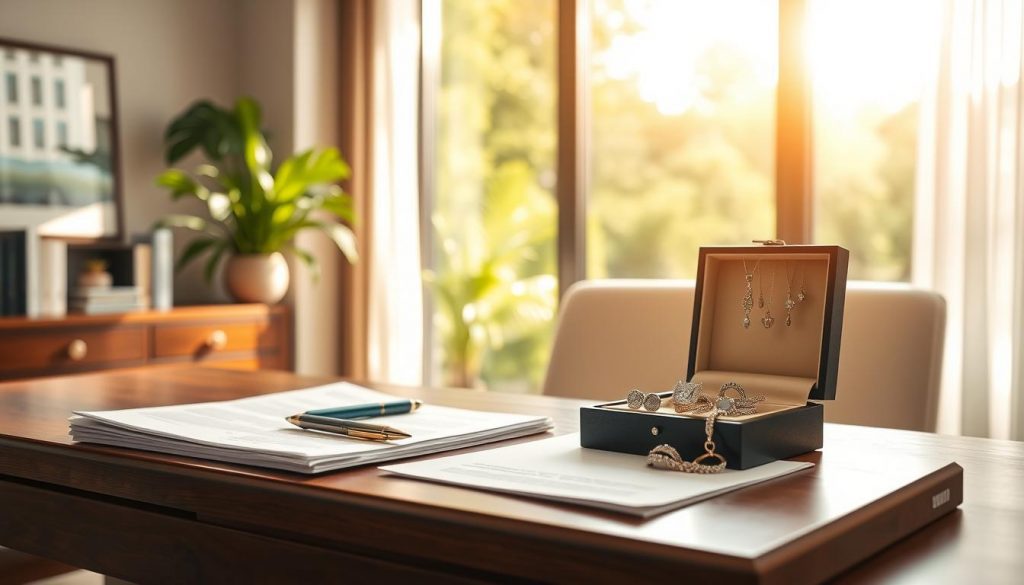 A serene, sunlit office interior with a wooden desk in the foreground. On the desk, a stack of documents, a pen, and an open jewelry box revealing sparkling diamond rings and necklaces, symbolizing the financial benefits of lifetime gifting. In the middle ground, a large window overlooking a lush, green garden, casting warm, diffused light throughout the space. The background features tasteful, modern decor, conveying a sense of sophistication and wealth. The overall scene evokes a feeling of financial security, opportunity, and the generational impact of strategic gift-giving.