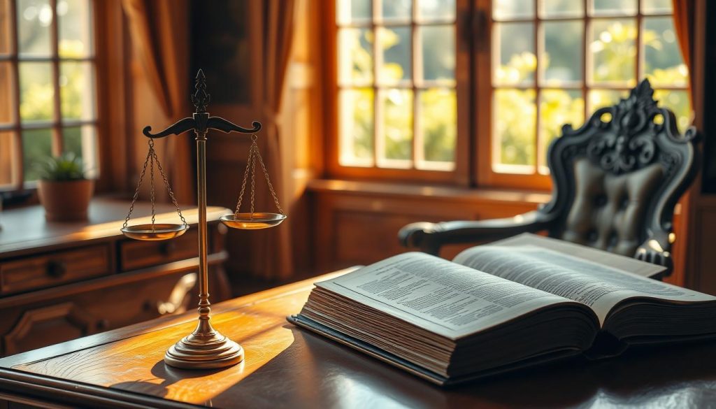 A serene, sunlit study with a wooden desk and ornate armchair. In the foreground, delicate scales of justice balance atop the desk, symbolizing the equilibrium of guardianship. Warm, soft lighting illuminates the scene, casting gentle shadows that convey a sense of thoughtful contemplation. The middle ground features a large, leather-bound tome, its pages open to reveal the intricate legal framework of guardianship rights. In the background, a window overlooks a lush, verdant garden, hinting at the protected future that guardianship can provide. Overall, the image evokes a tranquil, authoritative atmosphere befitting the solemn responsibility of appointing a guardian.