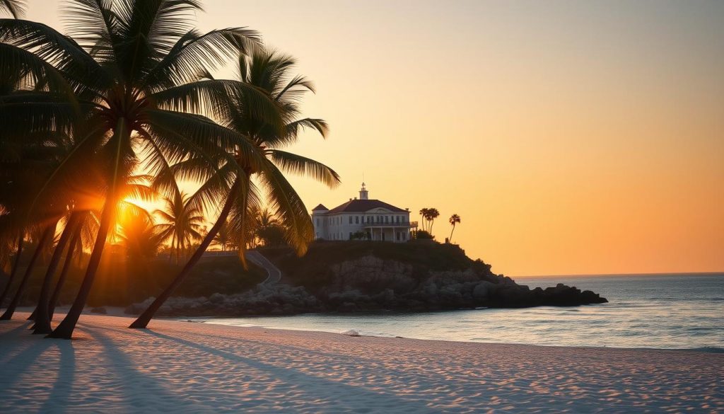 A serene tropical beach at sunset, with a grand offshore estate in the distance. The foreground features palm trees swaying gently in the warm breeze, their shadows dancing across the fine white sand. In the middle ground, an elegant mansion sits atop a rocky cliff, its gleaming marble facade reflecting the warm orange glow of the setting sun. The background is a hazy horizon, where the ocean meets the sky in a breathtaking display of color. Soft, diffused lighting illuminates the scene, creating a sense of tranquility and seclusion. A perfect haven to safeguard one's family's inheritance from taxes.