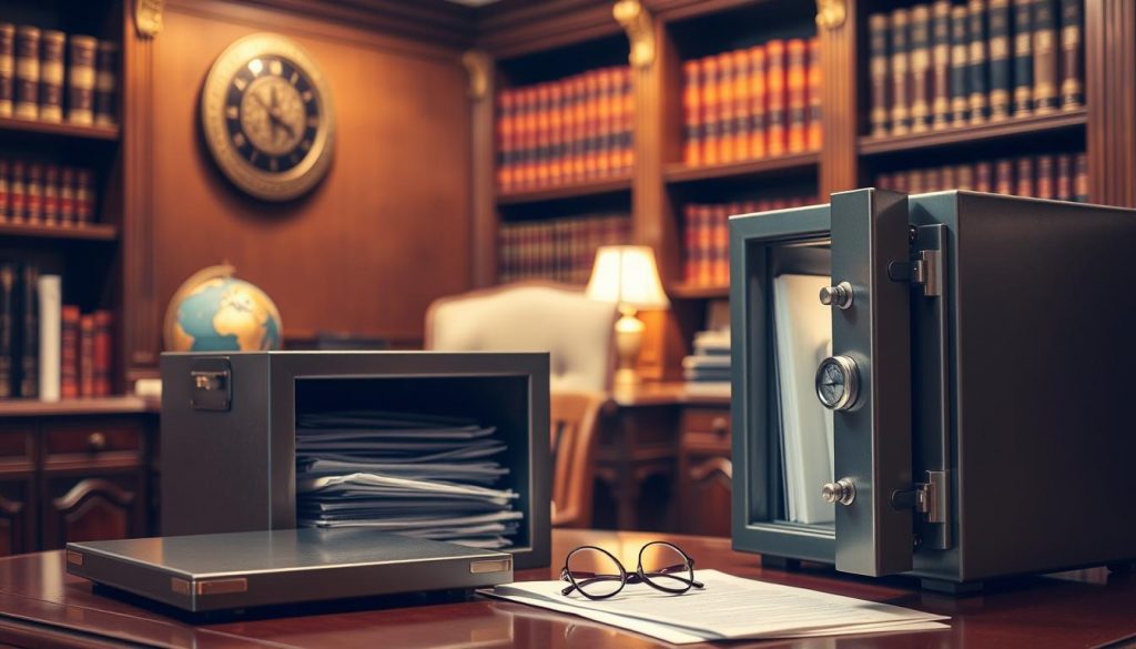 A serene, well-appointed study with an ornate wooden desk, a brass-trimmed globe, and shelves lined with leather-bound books. Warm lighting casts a soft glow, creating an atmosphere of quiet contemplation. In the foreground, a sturdy metal safe stands open, revealing documents and financial papers neatly organized within. A pair of reading glasses rests on the desk, suggesting the careful consideration of estate planning materials. The scene conveys a sense of financial security and the importance of preserving wealth for future generations. A serene, well-appointed study with an ornate wooden desk, a brass-trimmed globe, and shelves lined with leather-bound books. Warm lighting casts a soft glow, creating an atmosphere of quiet contemplation. In the foreground, a sturdy metal safe stands open, revealing documents and financial papers neatly organized within. A pair of reading glasses rests on the desk, suggesting the careful consideration of estate planning materials. The scene conveys a sense of financial security and the importance of preserving wealth for future generations.