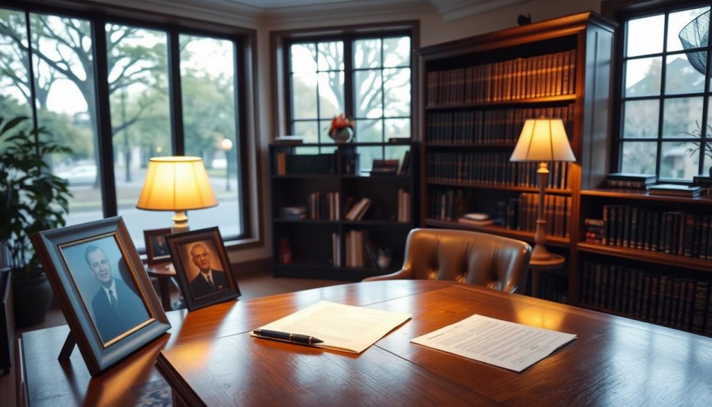 A serene, well-lit interior of a charitable trust office. In the foreground, a wooden desk with a family portrait, a stack of documents, and a pen. Warm lighting from a floor lamp casts a soft glow. The middle ground features bookshelves filled with volumes on estate planning and philanthropic initiatives. Large windows in the background overlook a tranquil, tree-lined street, allowing natural light to flood the space. An atmosphere of trust, security, and a commitment to preserving family legacies and supporting charitable causes.