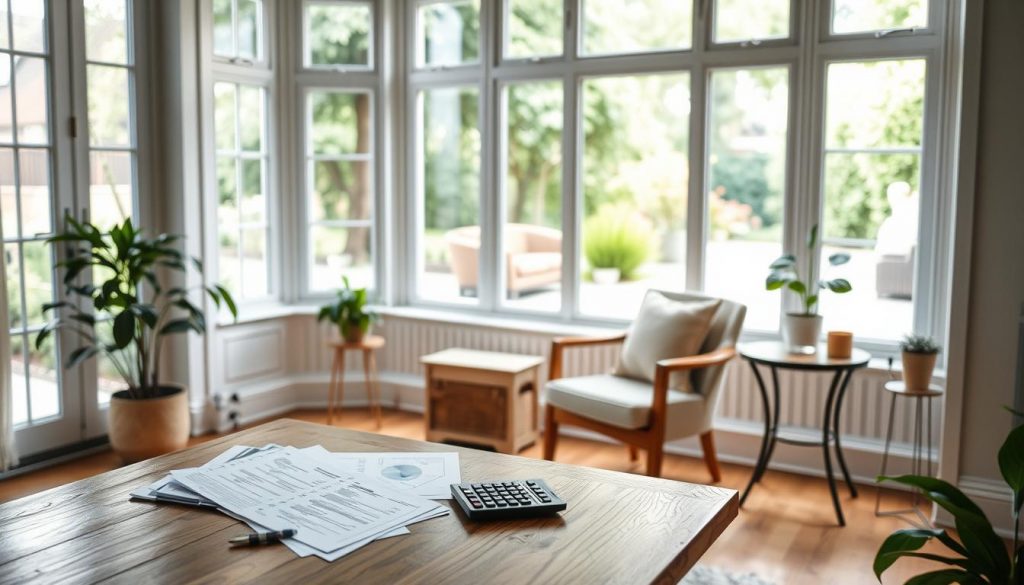 A serene, well-lit interior with a large window overlooking a peaceful garden. In the foreground, a wooden table holds various financial documents and a calculator, hinting at the topic of "nil rate band benefits." The midground features a comfortable armchair and a side table with a potted plant, creating a cozy, contemplative atmosphere. The background showcases the tranquil garden outside, with lush greenery and a calming ambiance. The overall scene conveys a sense of financial understanding and personal well-being, suitable for illustrating the section on who benefits from the nil rate band.