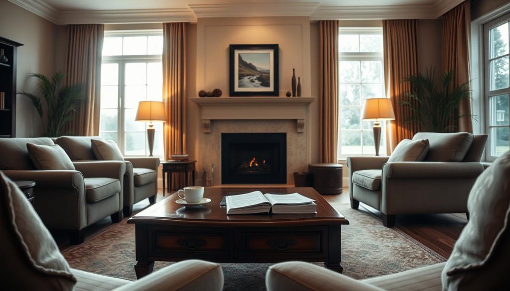 A serene, well-lit living room with plush armchairs and a cozy fireplace. On the mahogany coffee table, a stack of financial documents and a warm cup of tea, signifying the thoughtful planning and care involved in estate management. Soft, indirect lighting casts a peaceful glow, while large windows allow natural light to flood the space, conveying a sense of transparency and clarity. The atmosphere evokes a feeling of security and confidence, reflecting the benefits of utilizing a trust to safeguard one's inheritance and protect one's family's assets.