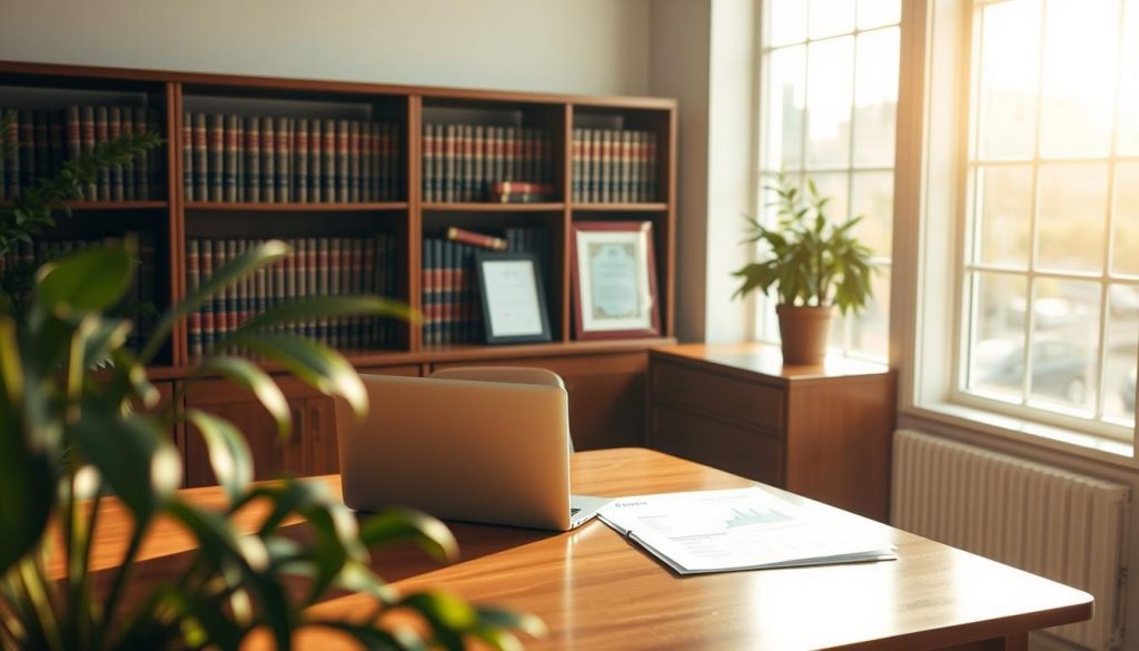 A serene, well-lit office interior, with a wooden desk, a comfortable chair, and a potted plant in the foreground. In the middle ground, a laptop and some paperwork, representing financial planning documents. Behind the desk, a bookshelf filled with legal volumes and a framed certificate, conveying an atmosphere of professionalism and expertise. Warm, natural lighting streams in through large windows, casting a soft glow on the scene. The overall mood is one of quiet contemplation and diligent financial management, reflecting the role of life insurance in inheritance tax planning. A serene, well-lit office interior, with a wooden desk, a comfortable chair, and a potted plant in the foreground. In the middle ground, a laptop and some paperwork, representing financial planning documents. Behind the desk, a bookshelf filled with legal volumes and a framed certificate, conveying an atmosphere of professionalism and expertise. Warm, natural lighting streams in through large windows, casting a soft glow on the scene. The overall mood is one of quiet contemplation and diligent financial management, reflecting the role of life insurance in inheritance tax planning.