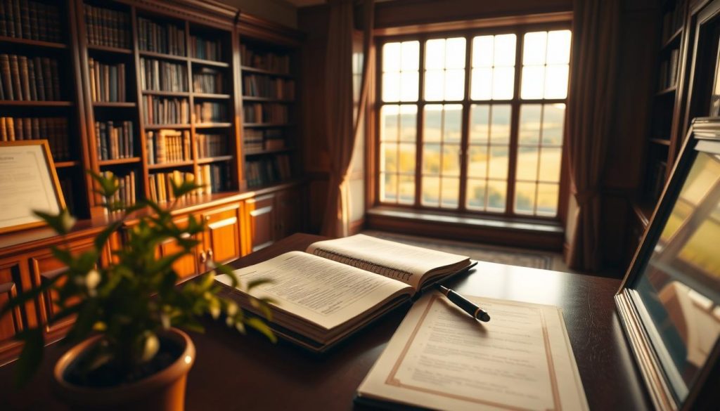 A serene, well-lit study interior with a large mahogany desk and bookshelves lining the walls. On the desk, an open ledger and a quill pen, hinting at the meticulous record-keeping involved in estate planning and inheritance tax relief. Warm, ambient lighting casts a golden glow, creating a contemplative atmosphere. In the foreground, a potted plant and a framed certificate or document, symbolizing the legal and financial aspects of inheritance. The background features a large window overlooking a lush, pastoral landscape, suggesting the generational wealth and legacy that inheritance tax reliefs aim to preserve.