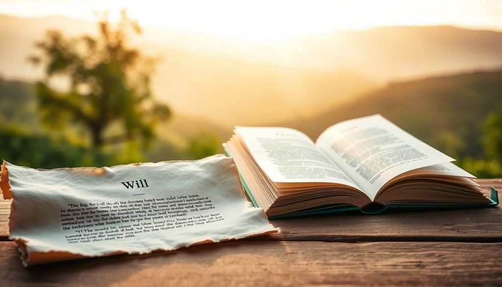 A serene yet contrasting scene, depicting the differences between a will and a trust. In the foreground, a weathered parchment representing a will, its edges frayed, symbolizing the finite nature of an individual's life. In the middle ground, a lush, green trust document, its pages vibrant and evergreen, signifying the perpetual and flexible nature of a trust. The background features a tranquil landscape, bathed in soft, golden lighting, creating a sense of timelessness and stability. The overall composition highlights the distinct purposes and characteristics of these two essential estate planning tools, inviting the viewer to reflect on their significance. A serene yet contrasting scene, depicting the differences between a will and a trust. In the foreground, a weathered parchment representing a will, its edges frayed, symbolizing the finite nature of an individual's life. In the middle ground, a lush, green trust document, its pages vibrant and evergreen, signifying the perpetual and flexible nature of a trust. The background features a tranquil landscape, bathed in soft, golden lighting, creating a sense of timelessness and stability. The overall composition highlights the distinct purposes and characteristics of these two essential estate planning tools, inviting the viewer to reflect on their significance.