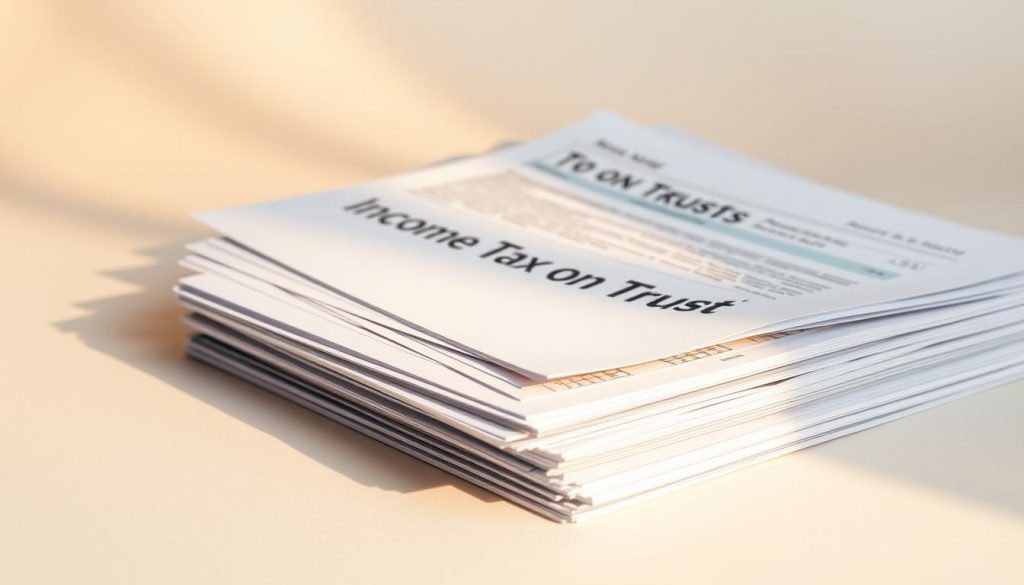 A sharply focused image of a stack of financial documents and forms representing income tax on trusts. The documents are illuminated by a warm, soft light, casting subtle shadows on a clean, neutral background. The composition emphasizes the paperwork and its associated complexity, conveying the serious, technical nature of trust taxation. The overall tone is one of seriousness and professionalism, reflecting the importance of this topic within the broader context of estate planning and wealth management. A sharply focused image of a stack of financial documents and forms representing income tax on trusts. The documents are illuminated by a warm, soft light, casting subtle shadows on a clean, neutral background. The composition emphasizes the paperwork and its associated complexity, conveying the serious, technical nature of trust taxation. The overall tone is one of seriousness and professionalism, reflecting the importance of this topic within the broader context of estate planning and wealth management.