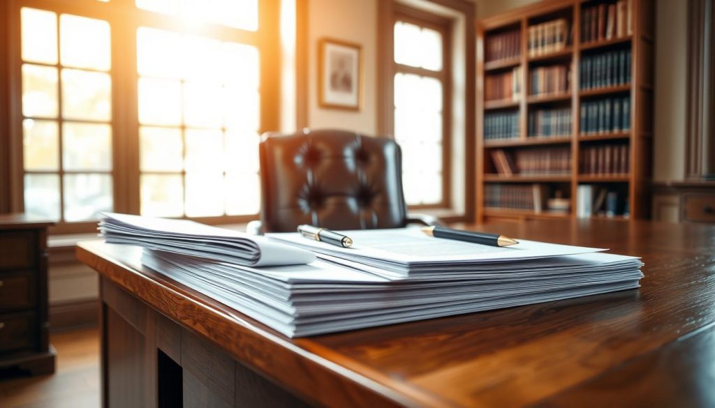 A simple but elegant office setting, bathed in warm, natural light filtering through large windows. In the foreground, a polished oak desk with a neatly organized stack of documents, a pen poised atop them, symbolizing the inheritance tax exemption process. The mid-ground features a comfortable leather chair, inviting the viewer to sit and engage with the important task at hand. Behind the desk, bookshelves line the walls, conveying a sense of knowledge and authority on the subject. The overall atmosphere is one of professionalism, diligence, and the careful navigation of financial and legal matters.