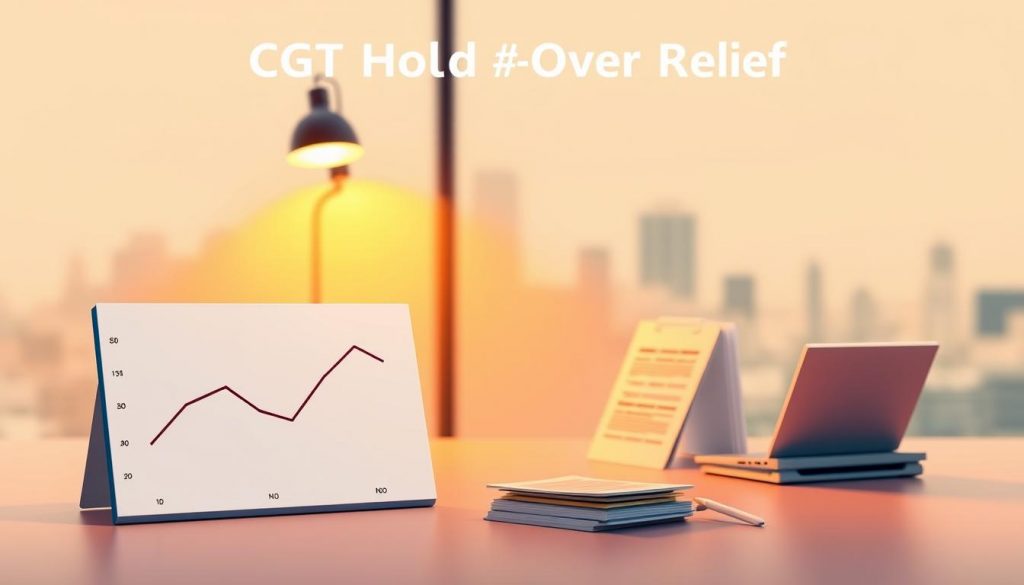 A sleek and modern illustration depicting the concept of CGT Hold Over Relief. In the foreground, a stylized graph or chart showcases the key mechanics of the tax relief, with clean lines and a minimalist color palette. The middle ground features a professional-looking office setting, with a desk, laptop, and subtle financial documents, hinting at the practical application of this tax relief. The background is a soft, blurred cityscape, conveying a sense of financial security and stability. Warm, directional lighting illuminates the scene, creating depth and emphasizing the important elements. The overall tone is one of professionalism, clarity, and financial expertise.