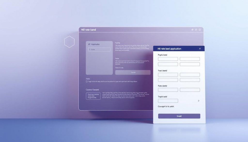 A sleek and modern illustration of a "nil rate band application" form, rendered in intricate detail. The foreground features the application form itself, with clean lines, elegant typography, and precisely arranged fields for the user to fill out. The middle ground showcases a minimalist, yet sophisticated, UI design with subtle hover effects and intuitive navigation. The background subtly fades into a serene, gradient-based color palette, conveying a sense of professionalism and authority. The overall composition is captured through a slightly elevated, top-down perspective, using soft, directional lighting to create depth and emphasize the form's key elements. The resulting image should effectively illustrate the conceptual workings of the nil rate band and its practical application.