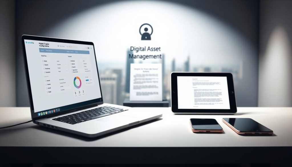 A sleek, minimalist desktop setup with a laptop, tablet, and smartphone, all connected via a secure cloud network. In the foreground, an open laptop screen displays a digital estate planning interface, complete with intuitive menus and a clean, user-friendly design. The middle ground features a stylized legal document with the title "Digital Asset Management" prominently displayed. The background showcases a serene, out-of-focus cityscape, conveying a sense of professionalism and security. Soft, directional lighting creates depth and highlights the technological elements, while a neutral color palette and simple geometric shapes lend an air of sophistication to the scene.