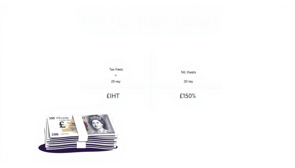 A sleek, modern illustration depicting the concept of the nil rate band for inheritance tax (IHT). In the foreground, a stylized stack of British pound notes, representing the tax-free allowance. The middle ground features a clean, minimalist graphical representation of the IHT thresholds, with a subtle gradient conveying the transition between the nil rate band and the higher tax brackets. The background is a soft, neutral tone, allowing the financial information to take center stage. The overall composition is balanced, with a focus on simplicity and clarity to aid understanding of this important tax planning concept.