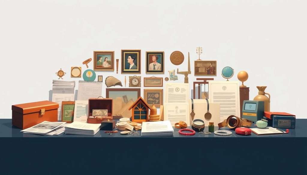 A sleek, modern illustration of a variety of qualifying assets for Hold Over Relief, captured in a clean, minimalist style. In the foreground, a collection of financial instruments such as stocks, bonds, and real estate documents are neatly arranged, illuminated by soft, directional lighting. The midground showcases a range of personal belongings, including artwork, jewelry, and collectibles, all meticulously detailed. The background features a subtle, neutral gradient, allowing the focus to remain on the key qualifying assets. The overall composition conveys a sense of organization, wealth, and the complex nature of determining eligible holdings for this tax relief provision.