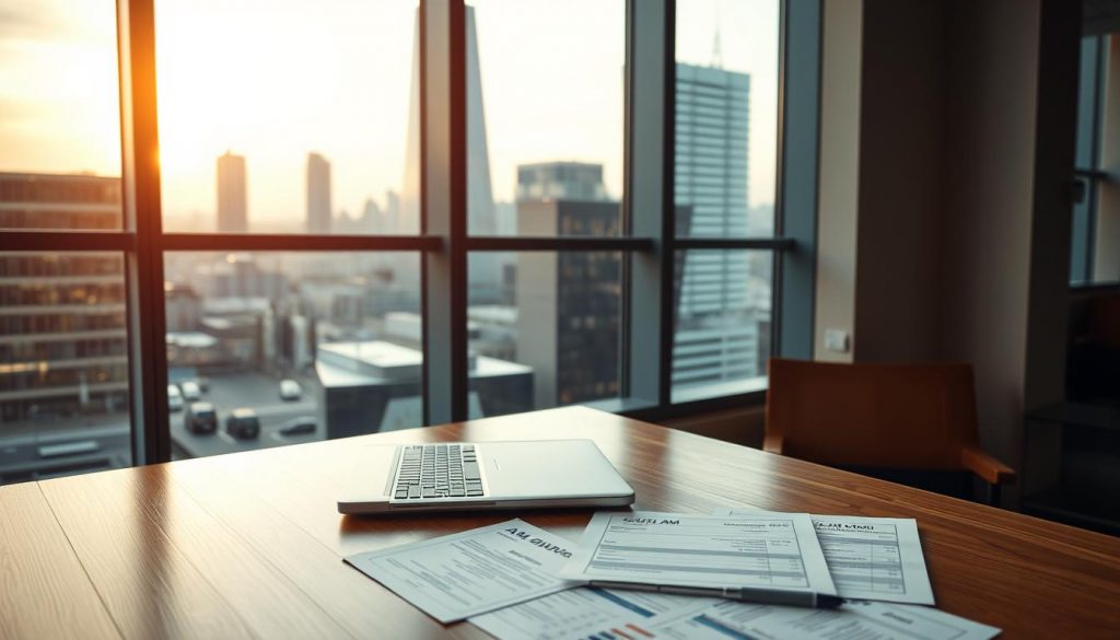 A sleek, modern office interior with a large window overlooking a bustling cityscape. In the foreground, a polished wooden desk holds a laptop and various financial documents, representing the key characteristics of AIM-listed companies. Soft, directional lighting illuminates the scene, casting subtle shadows and highlights on the surfaces. The overall atmosphere is one of professionalism, efficiency, and careful financial planning, conveying the concept of minimizing inheritance tax through AIM shares.