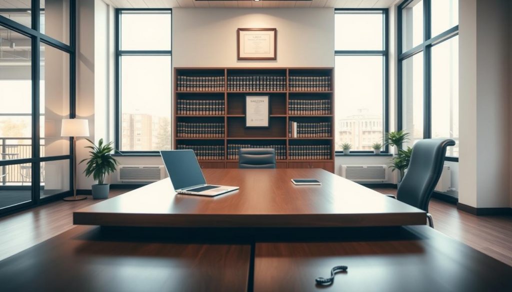 A sleek, modern office interior with a large, wooden desk in the foreground. On the desk, a laptop, a tablet, and a stylish ergonomic chair. In the middle ground, a tall bookshelf filled with legal volumes and a framed diploma on the wall. The background features floor-to-ceiling windows, allowing natural light to flood the space, creating a warm and professional atmosphere. The lighting is soft and even, with subtle shadows adding depth and dimension. The camera angle is slightly elevated, giving a sense of authority and expertise. The overall mood conveys a secure, trustworthy, and technologically-savvy environment for estate planning. A sleek, modern office interior with a large, wooden desk in the foreground. On the desk, a laptop, a tablet, and a stylish ergonomic chair. In the middle ground, a tall bookshelf filled with legal volumes and a framed diploma on the wall. The background features floor-to-ceiling windows, allowing natural light to flood the space, creating a warm and professional atmosphere. The lighting is soft and even, with subtle shadows adding depth and dimension. The camera angle is slightly elevated, giving a sense of authority and expertise. The overall mood conveys a secure, trustworthy, and technologically-savvy environment for estate planning.