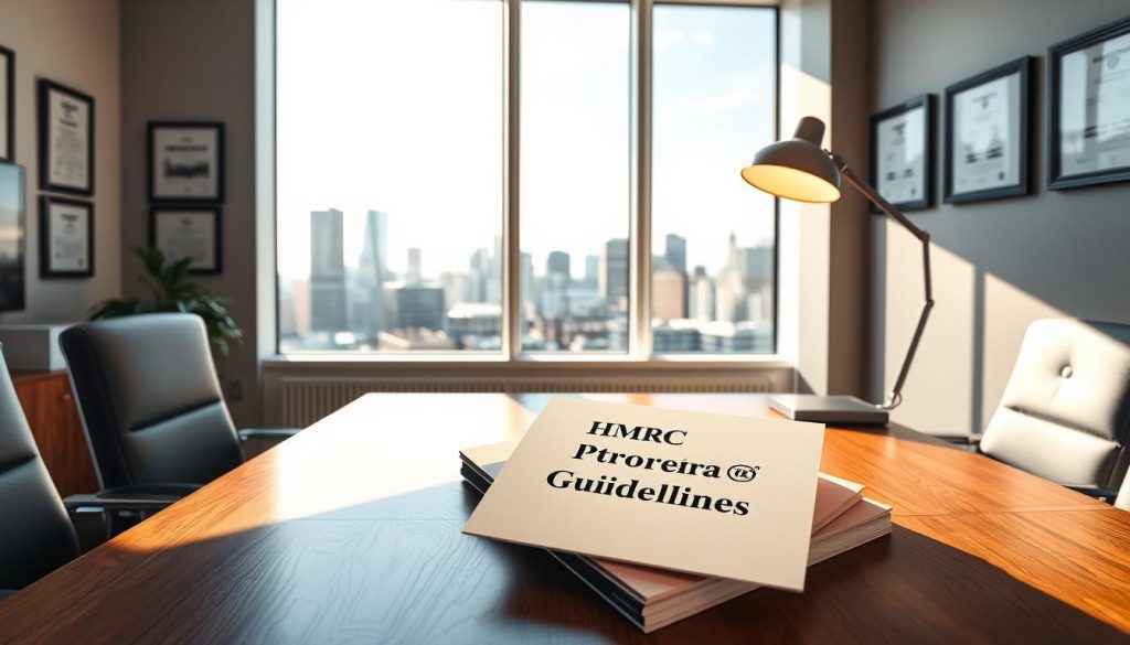 A sleek, modern office interior with clean lines and minimalist decor. On a wooden desk, a stack of official-looking documents labeled "HMRC Property Transfer Guidelines" sits under the warm glow of a desk lamp. The walls are adorned with framed legal certificates and a large window offers a picturesque view of a city skyline, casting a soft natural light across the scene. The atmosphere is professional yet inviting, conveying a sense of authority and attention to detail, reflecting the importance of the subject matter.