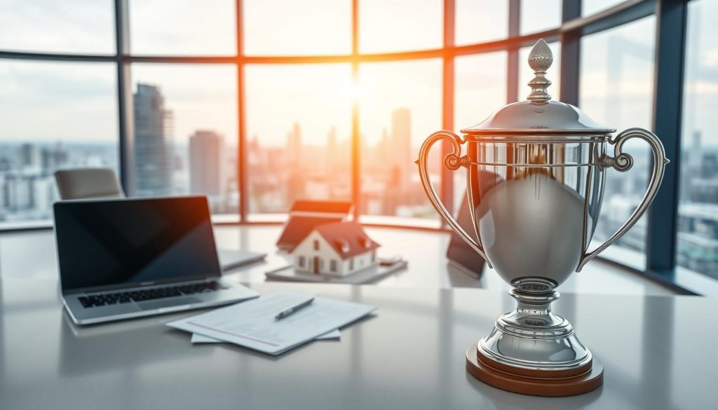 A sleek, modern office interior with large windows overlooking a cityscape. On the desk, a laptop, some financial documents, and a model of a house representing a family's assets. In the foreground, a shiny silver trophy representing the "Advantages of Using a Trust for Business," its reflective surface catching the warm, diffused lighting from overhead. The overall mood is one of security, stability, and professional success. A sleek, modern office interior with large windows overlooking a cityscape. On the desk, a laptop, some financial documents, and a model of a house representing a family's assets. In the foreground, a shiny silver trophy representing the "Advantages of Using a Trust for Business," its reflective surface catching the warm, diffused lighting from overhead. The overall mood is one of security, stability, and professional success.