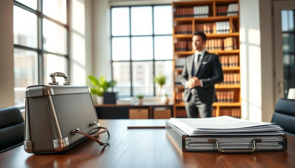 A sleek, modern office interior with natural lighting streaming through large windows. In the foreground, a wooden desk with a metal briefcase and folders neatly arranged, symbolizing the legal documentation and paperwork involved in trust fund formation. In the middle ground, a well-dressed individual, likely a financial advisor or lawyer, standing in contemplation, representing the expertise and guidance crucial in the trust fund setup process. The background showcases shelves filled with law books and financial documents, creating an atmosphere of professionalism and authority. The overall scene conveys a sense of order, security, and the careful consideration required when establishing a trust fund. A sleek, modern office interior with natural lighting streaming through large windows. In the foreground, a wooden desk with a metal briefcase and folders neatly arranged, symbolizing the legal documentation and paperwork involved in trust fund formation. In the middle ground, a well-dressed individual, likely a financial advisor or lawyer, standing in contemplation, representing the expertise and guidance crucial in the trust fund setup process. The background showcases shelves filled with law books and financial documents, creating an atmosphere of professionalism and authority. The overall scene conveys a sense of order, security, and the careful consideration required when establishing a trust fund.
