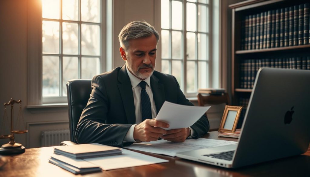 A solicitor sits at a desk, meticulously reviewing legal documents related to a trust. The scene is illuminated by a warm, soft light filtering through large windows, casting a cozy, professional atmosphere. On the desk, a stack of papers, a laptop, and a brass-framed photograph hint at the solicitor's deep involvement in the trust process. The solicitor's expression is one of focused concentration, reflecting the gravity and importance of their role in safeguarding the client's assets. The background features neutral-toned walls and shelves filled with law books, emphasizing the solicitor's expertise and the formal, authoritative setting. A solicitor sits at a desk, meticulously reviewing legal documents related to a trust. The scene is illuminated by a warm, soft light filtering through large windows, casting a cozy, professional atmosphere. On the desk, a stack of papers, a laptop, and a brass-framed photograph hint at the solicitor's deep involvement in the trust process. The solicitor's expression is one of focused concentration, reflecting the gravity and importance of their role in safeguarding the client's assets. The background features neutral-toned walls and shelves filled with law books, emphasizing the solicitor's expertise and the formal, authoritative setting.