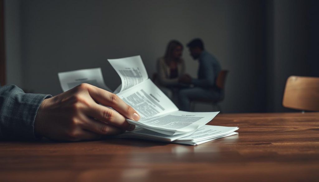 A somber and introspective scene depicting the aftermath of a trust-based divorce. In the foreground, a pair of hands holding legal documents sit atop a wooden table, the papers slightly crumpled and worn. The middle ground features a pair of figures, their faces obscured, engaged in a tense discussion. The background is hazy, with muted tones suggesting a sense of unease and uncertainty. Soft, diffused lighting casts subtle shadows, creating an atmosphere of contemplation and unresolved conflict. The overall composition conveys the complexities and emotional toll of navigating trust-related divorce outcomes. A somber and introspective scene depicting the aftermath of a trust-based divorce. In the foreground, a pair of hands holding legal documents sit atop a wooden table, the papers slightly crumpled and worn. The middle ground features a pair of figures, their faces obscured, engaged in a tense discussion. The background is hazy, with muted tones suggesting a sense of unease and uncertainty. Soft, diffused lighting casts subtle shadows, creating an atmosphere of contemplation and unresolved conflict. The overall composition conveys the complexities and emotional toll of navigating trust-related divorce outcomes.