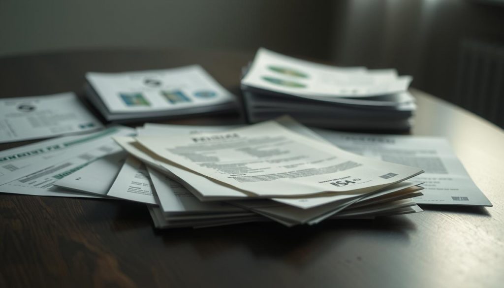 A somber table, its surface adorned with the personal financial documents of a departed individual - the Individual Savings Accounts (ISAs) they had meticulously curated over the years. The papers are arranged with reverence, each bearing the weight of a life's worth of savings and investments. The lighting is soft and muted, casting a solemn glow upon the scene, inviting the viewer to reflect on the transient nature of life and the lasting legacy of one's financial planning. The background is blurred, keeping the focus firmly on the ISA documents, a tangible representation of the deceased's financial affairs and the complexities of inheritance that follow.