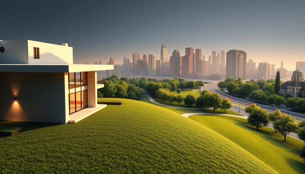 A sophisticated and authoritative representation of property, showcasing a detailed 3D architectural model of a modern home, bathed in warm, directional lighting. The foreground features the home's clean, geometric exterior, with sleek lines, large windows, and a meticulously manicured lawn. The middle ground depicts a serene, park-like setting, with lush greenery and a winding path leading towards the home. In the background, a cityscape of towering skyscrapers and bustling streets conveys a sense of urban affluence and prestige. The overall atmosphere exudes a sense of security, stability, and the power of legal representation.