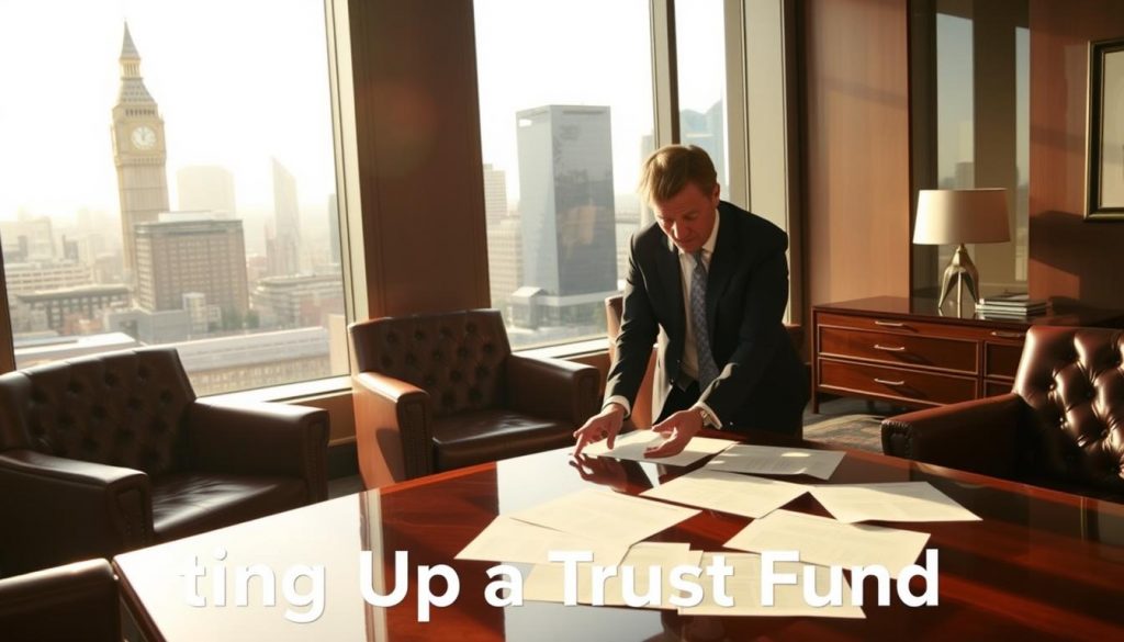 A sophisticated corporate office interior set against a backdrop of the iconic London skyline. The room is bathed in warm, natural lighting filtering in through large windows, casting a soft glow on the elegant mahogany furniture and plush leather chairs. In the foreground, a well-dressed financial advisor gestures towards documents spread across a polished desk, engaging a client in a meaningful discussion about trust establishment. The scene conveys a sense of professionalism, trust, and financial security, befitting the "Setting Up a Trust Fund" topic.