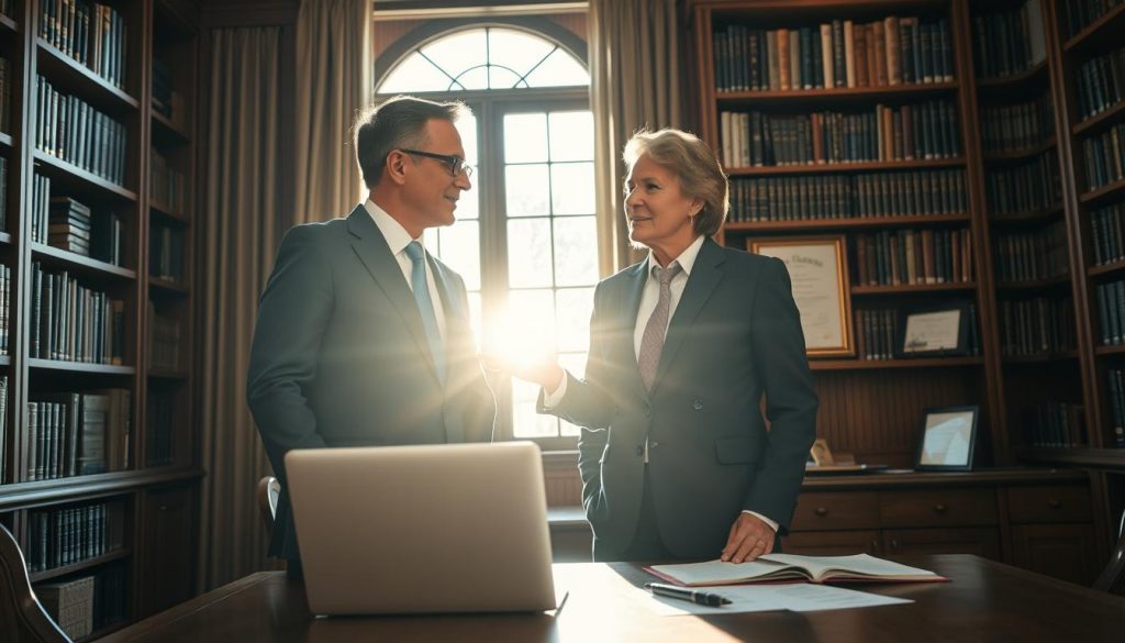 A sophisticated couple in formal attire, standing in a well-appointed study with floor-to-ceiling bookshelves. Sunlight streams in through a large window, casting a warm glow on their faces. They are engaged in a thoughtful discussion, their expressions conveying the importance of the topic at hand. In the foreground, a wooden desk with a laptop, some financial documents, and a pen. In the background, a framed certificate or award, hinting at their professional achievements. The overall scene exudes an atmosphere of wealth, wisdom, and the responsible transfer of assets. A sophisticated couple in formal attire, standing in a well-appointed study with floor-to-ceiling bookshelves. Sunlight streams in through a large window, casting a warm glow on their faces. They are engaged in a thoughtful discussion, their expressions conveying the importance of the topic at hand. In the foreground, a wooden desk with a laptop, some financial documents, and a pen. In the background, a framed certificate or award, hinting at their professional achievements. The overall scene exudes an atmosphere of wealth, wisdom, and the responsible transfer of assets.