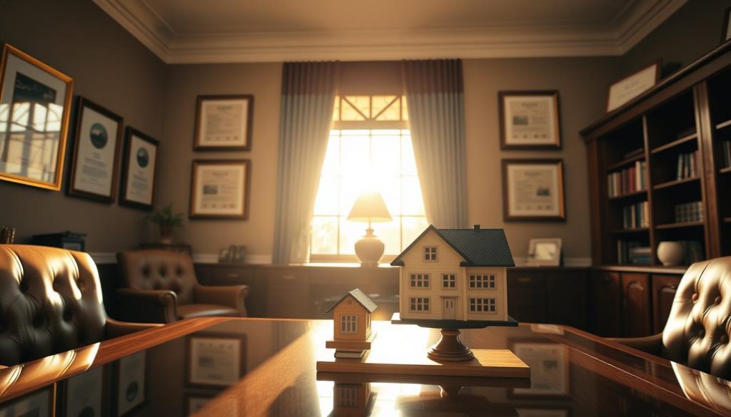 A sophisticated, financial advisor's office, bathed in warm, golden light from a large window. On the desk, a scale model of a house represents a family's trust, expertly balanced and secured. Elegant leather chairs and mahogany bookshelves evoke a sense of trust and professionalism. The wall displays framed certificates, signifying the advisor's expertise in estate planning. The atmosphere is one of calm, calculated reassurance, reflecting the careful management of a client's most valuable assets. A sophisticated, financial advisor's office, bathed in warm, golden light from a large window. On the desk, a scale model of a house represents a family's trust, expertly balanced and secured. Elegant leather chairs and mahogany bookshelves evoke a sense of trust and professionalism. The wall displays framed certificates, signifying the advisor's expertise in estate planning. The atmosphere is one of calm, calculated reassurance, reflecting the careful management of a client's most valuable assets.