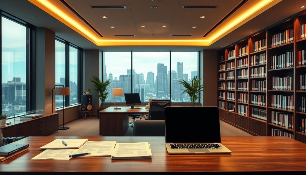 A sophisticated financial planning office interior, softly lit with warm overhead lighting. In the foreground, a wooden desk displays documents and a laptop, hinting at the complex strategies and calculations involved in inheritance tax planning. The middle ground features rows of bookshelves filled with reference materials, conveying a sense of expertise and diligence. The background showcases large windows overlooking a city skyline, symbolizing the broader financial landscape in which these plans are formulated. An air of tranquility and professionalism pervades the scene, reflecting the thoughtful, forward-looking nature of inheritance tax planning. A sophisticated financial planning office interior, softly lit with warm overhead lighting. In the foreground, a wooden desk displays documents and a laptop, hinting at the complex strategies and calculations involved in inheritance tax planning. The middle ground features rows of bookshelves filled with reference materials, conveying a sense of expertise and diligence. The background showcases large windows overlooking a city skyline, symbolizing the broader financial landscape in which these plans are formulated. An air of tranquility and professionalism pervades the scene, reflecting the thoughtful, forward-looking nature of inheritance tax planning.