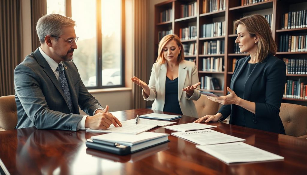 A sophisticated group of professional advisors in an estate planning consultation. In the foreground, a male attorney in a sharp gray suit and a female financial planner in a navy dress, engaged in a thoughtful discussion over documents on a polished mahogany table. In the middle ground, a female estate law specialist in a cream blazer, gesturing expressively. In the softly lit background, bookshelves line the walls, conveying an atmosphere of expertise and trustworthiness. Warm lighting from a large window casts a golden glow, creating a sense of confidence and care. Captured with a medium-format lens at a 45-degree angle to showcase the collaborative dynamic. A sophisticated group of professional advisors in an estate planning consultation. In the foreground, a male attorney in a sharp gray suit and a female financial planner in a navy dress, engaged in a thoughtful discussion over documents on a polished mahogany table. In the middle ground, a female estate law specialist in a cream blazer, gesturing expressively. In the softly lit background, bookshelves line the walls, conveying an atmosphere of expertise and trustworthiness. Warm lighting from a large window casts a golden glow, creating a sense of confidence and care. Captured with a medium-format lens at a 45-degree angle to showcase the collaborative dynamic.
