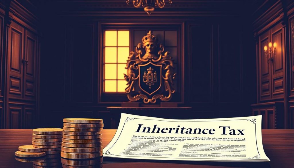 A sophisticated, high-contrast illustration depicting the financial implications of inheritance tax rates. In the foreground, a stack of coins and a meticulously rendered legal document with "Inheritance Tax" prominently displayed. The middle ground showcases an ornate family crest or coat of arms, symbolizing the intergenerational wealth transfer. The background features a dimly lit, oak-paneled room with a sense of grandeur and old-world elegance, illuminated by warm, directional lighting from a large window. The overall composition conveys a sense of gravity, tradition, and the complex financial considerations around estate planning. A sophisticated, high-contrast illustration depicting the financial implications of inheritance tax rates. In the foreground, a stack of coins and a meticulously rendered legal document with "Inheritance Tax" prominently displayed. The middle ground showcases an ornate family crest or coat of arms, symbolizing the intergenerational wealth transfer. The background features a dimly lit, oak-paneled room with a sense of grandeur and old-world elegance, illuminated by warm, directional lighting from a large window. The overall composition conveys a sense of gravity, tradition, and the complex financial considerations around estate planning.