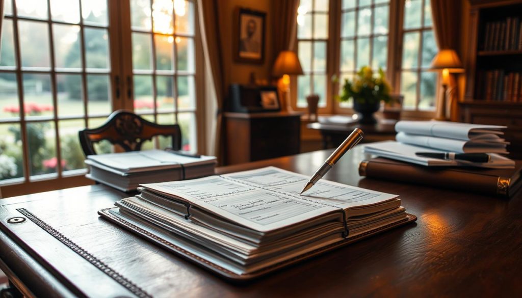 A sophisticated home office with an oak desk, a leather-bound ledger, and a stack of financial documents. Warm lighting casts a golden glow, highlighting the intricate calculations being made using a silver fountain pen. In the background, a large window overlooks a serene garden, creating a sense of tranquility and focus. The overall scene conveys the importance and complexity of accurately determining one's net estate value. A sophisticated home office with an oak desk, a leather-bound ledger, and a stack of financial documents. Warm lighting casts a golden glow, highlighting the intricate calculations being made using a silver fountain pen. In the background, a large window overlooks a serene garden, creating a sense of tranquility and focus. The overall scene conveys the importance and complexity of accurately determining one's net estate value.