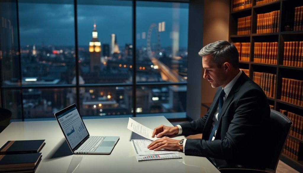 A sophisticated office interior, dimly lit with warm, muted lighting. In the foreground, a well-dressed professional, likely a financial advisor, is seated at a sleek, minimalist desk, deep in concentration as they review financial documents. On the desk, a laptop displays complex inheritance tax planning charts and graphs. In the middle ground, bookshelves line the walls, filled with leather-bound volumes on tax law and wealth management. The background depicts a panoramic view of a bustling city skyline, hinting at the global reach and importance of the subject matter. The atmosphere is one of quiet contemplation and thoughtful planning, reflecting the complexity and gravity of the topic of inheritance tax planning for non-domiciled individuals. A sophisticated office interior, dimly lit with warm, muted lighting. In the foreground, a well-dressed professional, likely a financial advisor, is seated at a sleek, minimalist desk, deep in concentration as they review financial documents. On the desk, a laptop displays complex inheritance tax planning charts and graphs. In the middle ground, bookshelves line the walls, filled with leather-bound volumes on tax law and wealth management. The background depicts a panoramic view of a bustling city skyline, hinting at the global reach and importance of the subject matter. The atmosphere is one of quiet contemplation and thoughtful planning, reflecting the complexity and gravity of the topic of inheritance tax planning for non-domiciled individuals.