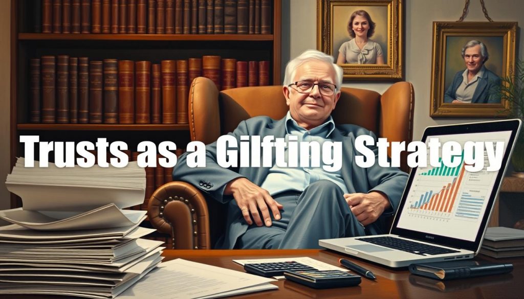 A sophisticated oil painting of a grandfatherly figure seated in a cozy armchair, surrounded by symbols of financial planning and wealth management. In the foreground, a stack of documents and a calculator suggest the intricacies of trust administration. In the middle ground, a glowing laptop displays financial charts and graphs, hinting at the complex tax implications. In the softly lit background, shelves of leather-bound books and a framed family portrait evoke the importance of generational wealth transfer. The scene exudes a sense of contemplation and careful consideration, capturing the essence of "Trusts as a Gifting Strategy" for grandchildren.