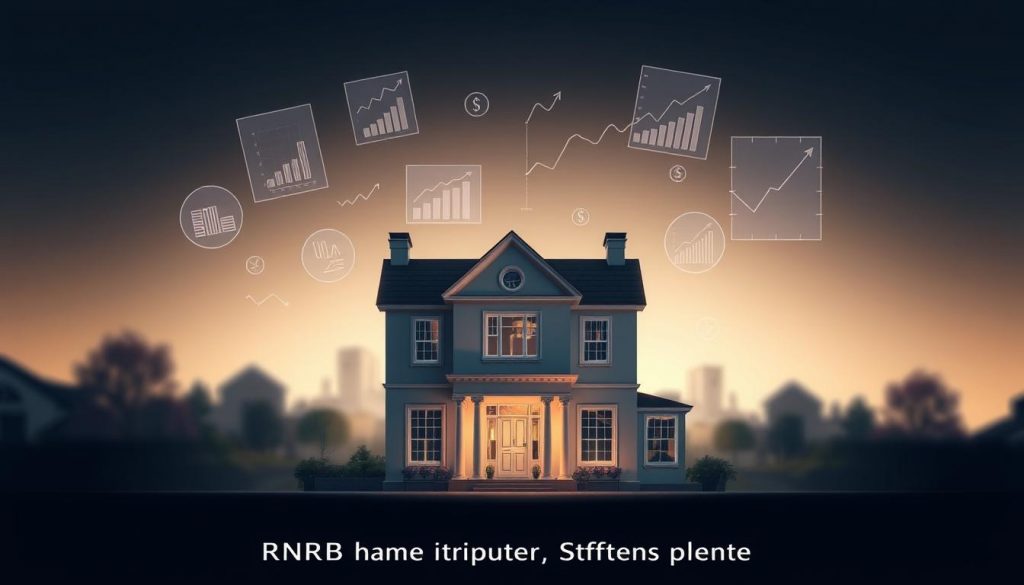 A sophisticated professional estate planning illustration depicting the "RNRB" (Residence Nil Rate Band) concept. In the foreground, a meticulously rendered house with elegant architectural details stands as the centerpiece. In the middle ground, abstract financial diagrams and charts float ethereally, symbolizing the strategic planning aspects. The background is a softly blurred gradient, evoking a sense of contemplation and careful consideration. The lighting is soft and directional, creating depth and drama. The overall mood is one of refined professionalism, with a touch of thoughtful introspection suitable for illustrating the "RNRB in Estate Planning: Strategic Approaches" section.