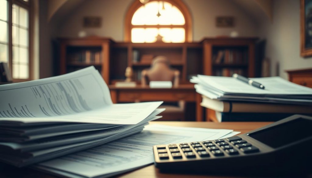 A sophisticated study of Inheritance Tax Planning, captured with a professional eye. In the foreground, a stack of financial documents and a calculator, conveying the complex fiscal considerations. The middle ground features a sturdy oak desk, evoking the gravitas of estate planning. In the background, a large window casts a warm, natural light, illuminating the scene with a sense of clarity and purpose. The overall atmosphere is one of thoughtful contemplation, where the nuances of inheritance law are expertly navigated. Rendered with a cinematic depth of field and muted color palette to accentuate the gravity of the subject matter.